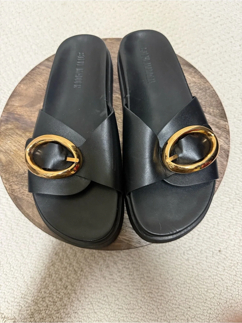 Steve Madden Black Slide Sandals with Gold Ring Accent